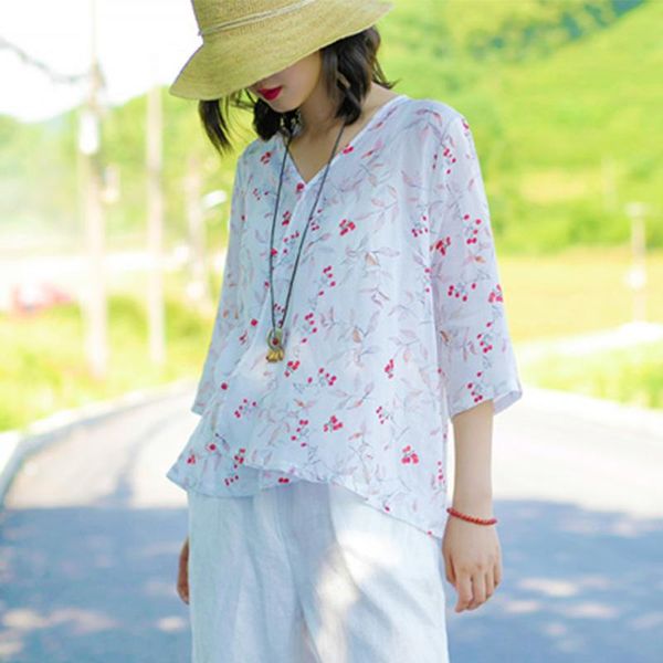 Mulheres Blusa de verão Botões de jade de decote floral de estampa floral de três quartos de manga ramie tops s936 blusas femininas camisetas