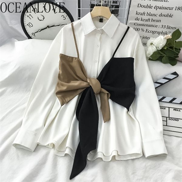 

oceanlove fake 2 pcs blusas mujer autumn long sleeve patchwork shirts elegant chic korean blouse 18987 220312, White