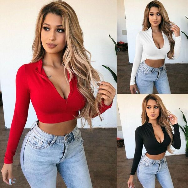 

long sleeve crop women blouses fashion casual solid zip v neck slim fitness female shirts, White