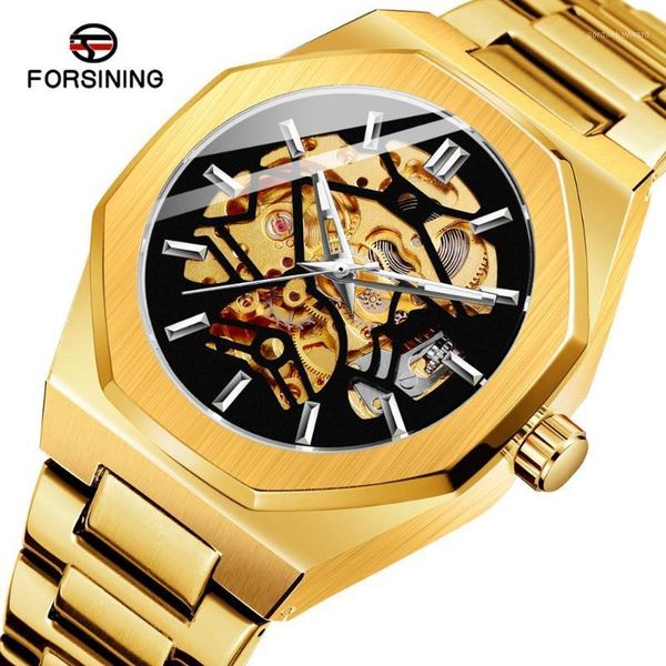 

forsining 2021 gold automatic mechanical watches for men skeleton waterproof clock luminous hands wristwatches, Slivery;brown