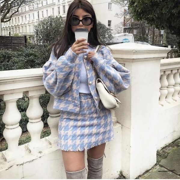 

two piece dress vintage sweet women pearl button check gingham plaid blazer a line mini short skirts long sleeve suits 2 pieces set mt129, White