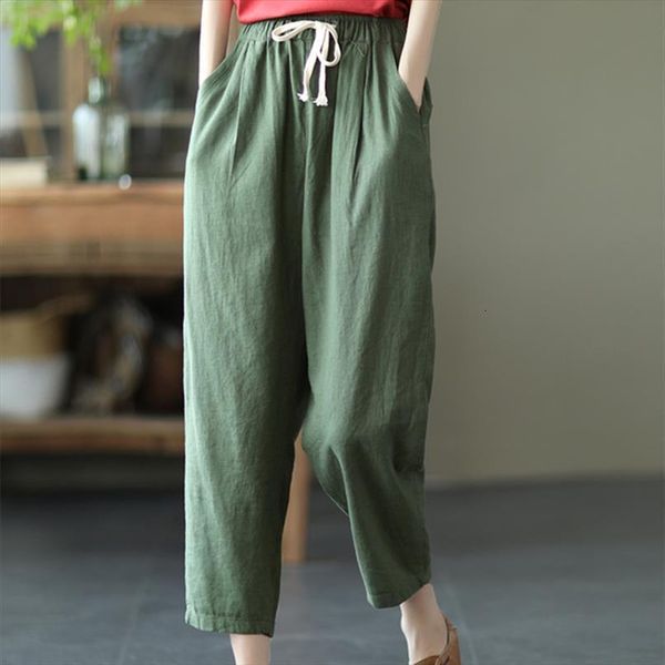 

cotton linen thin soft womens capris summer high waist harem drawstring pure color women casual mori girls vintage, Black;white