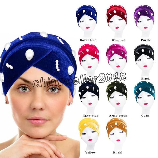 

fashion muslim headscarf ethnic wind velvet cross headscarf hat hair care pearl jewelry beauty hat for women, Blue;gray