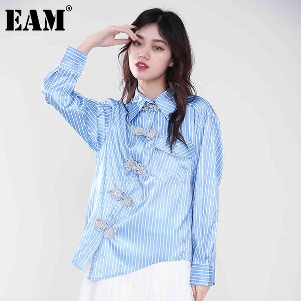

[eam] women blue oblique button big size blouse lapel long sleeve loose fit shirt fashion spring autumn jt20305 210512, White