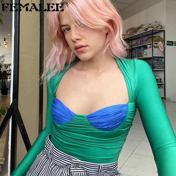

women's t-shirt femalee contrast color low-cut women tees square collar pleated slim ladies long sleeves wild t-shirts 2021 spring, White