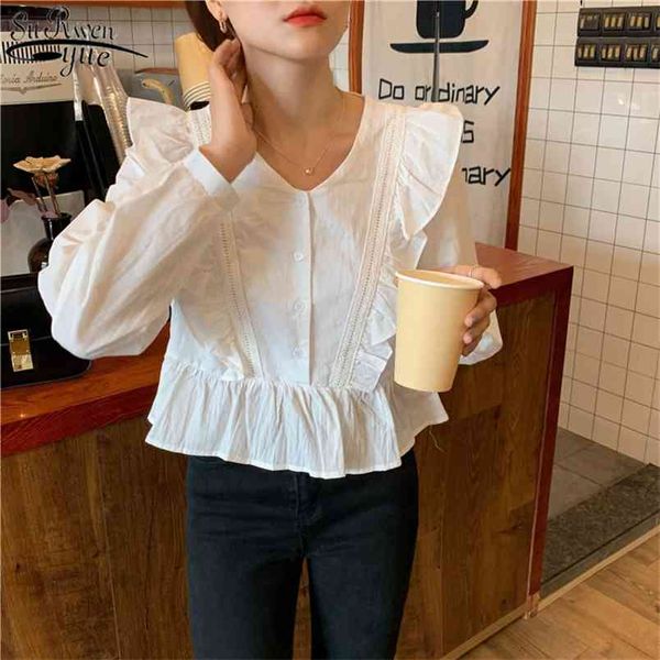 

blusas spring korean style women long sleeve blouse white sweet and cute v-neck solid button shirt ruffle stitching 210421