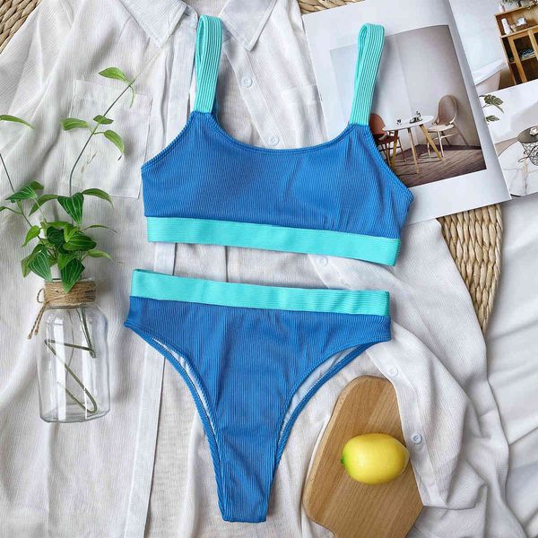 

high waist bikinis 2021 swimsuits bandeau swimwear women splicing biquini beachwear sports ribbed bathing suits new, White;black