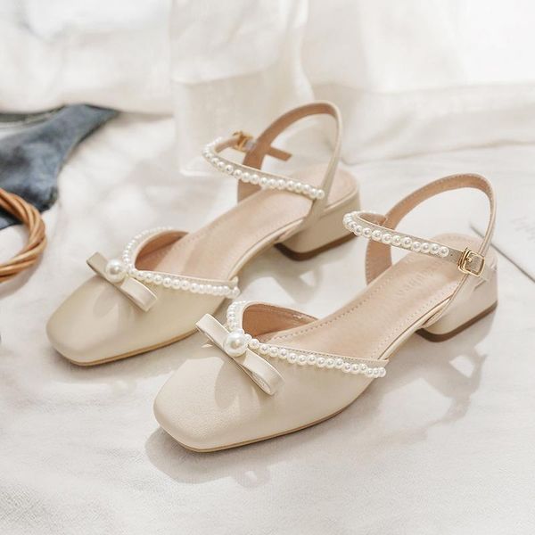 

sandals the summer version of 2021, all-around low-heeled pearl for women, fairy style shoes women, Black