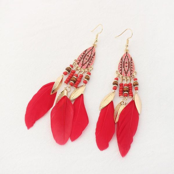 

dangle & chandelier european and american fashion tetro rice bead tassel women's long metal leaf feather drop oil ethnic, Silver