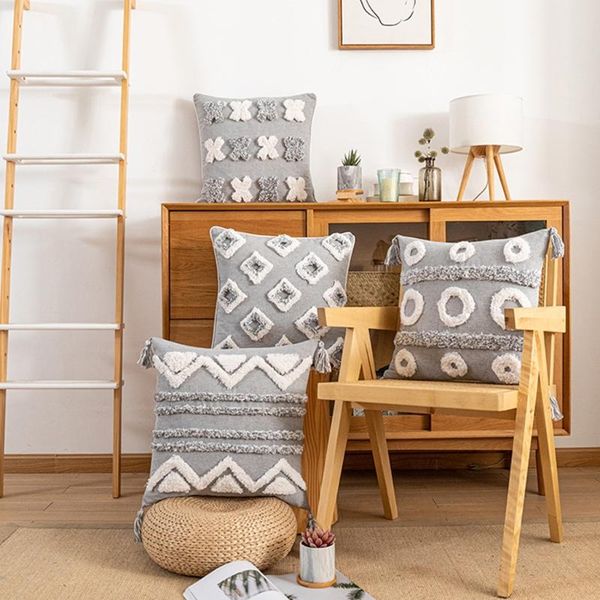 

cushion/decorative pillow boho decorative throw cover 18x18 inch square soft tufted cushion case farmhouse pillowcase for couch bedroom offi