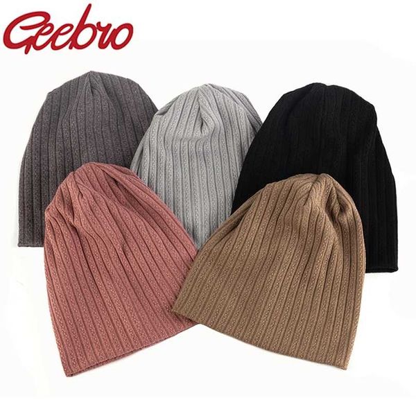 

geebro women soft decorative pattern stripes cotton hats spring autumn slouchy ladies girls ribbed skullies beanies gorros 211119, Blue;gray