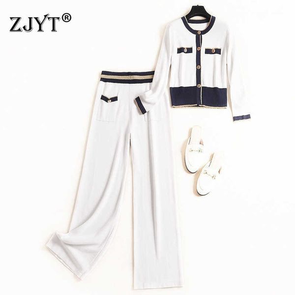 

autumn designer fashion runway suit women long sleeve color block knitting cardigans and pants 2piece set elegant outfit 210601, White