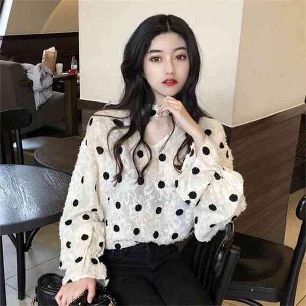 Frühling Herbst Korea Mode Frauen Halter V-ausschnitt Stickerei Polka Dot Shirts Langarm Jacquard Lose Blusen Tops S388 210512