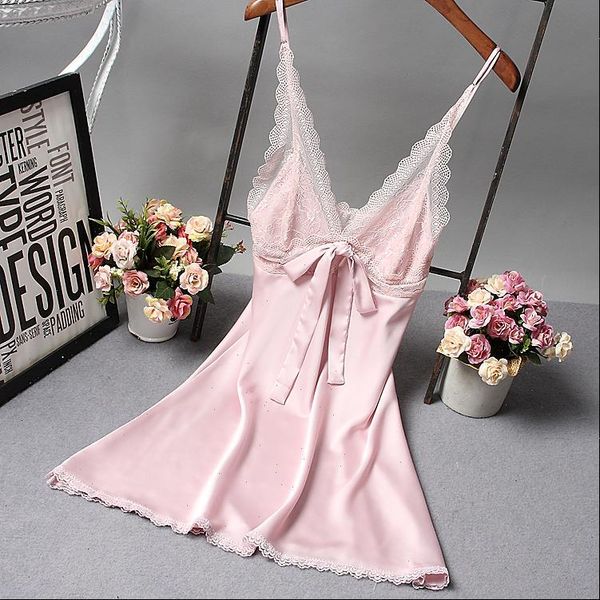 

silk satin night women sleepwear gown sleeveless nightdress lace sleep dress v neck nighties shirt fashion nightwear, Black;red