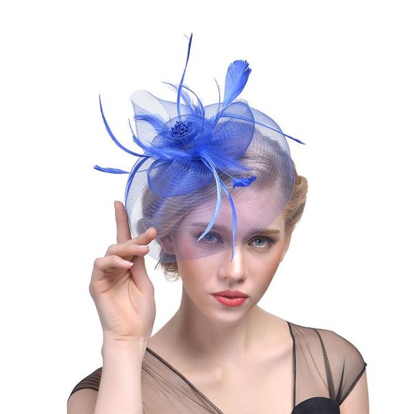 

stingy brim hats women fascinator feather gauze flower cocktail hat hair clip wedding party, Blue;gray