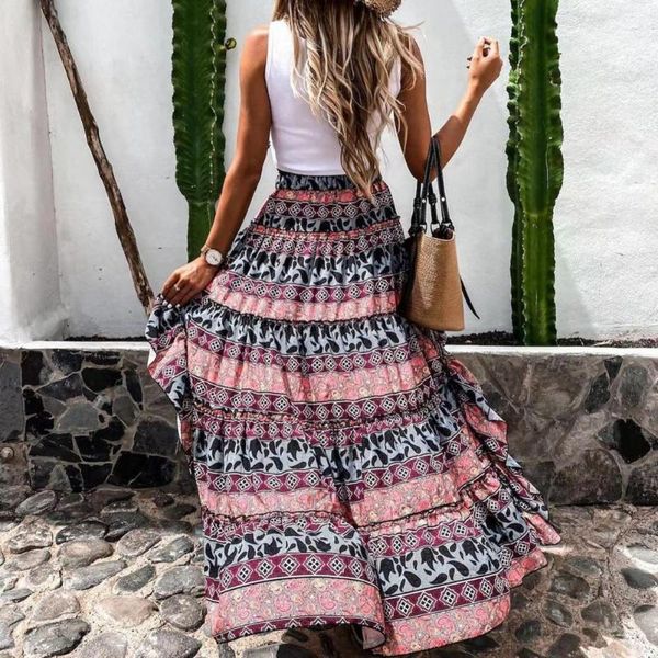 

skirts summer long elegant women skirt irregular floral print high waist fashion party female clothing, Black