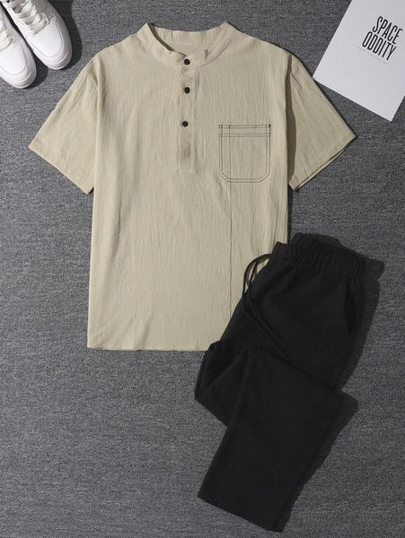 

men half button patched pocket tee & drawstring waist pants p8ex#, Gray