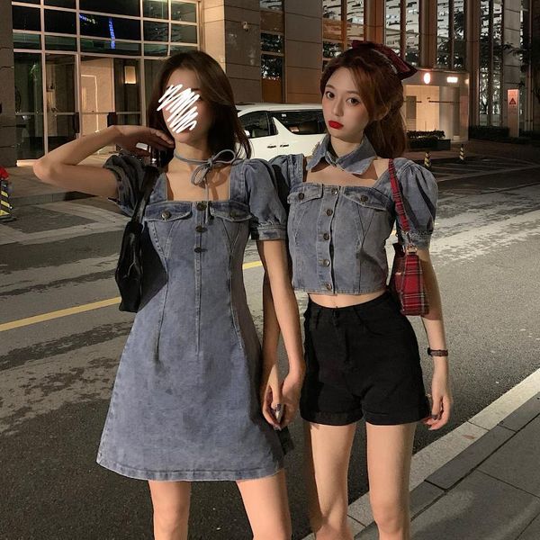 

casual dresses firm offers ~ # 5317 square collar hubble-bubble sleeve short jacket carefully machine show thin a word cowboy dress, Black;gray