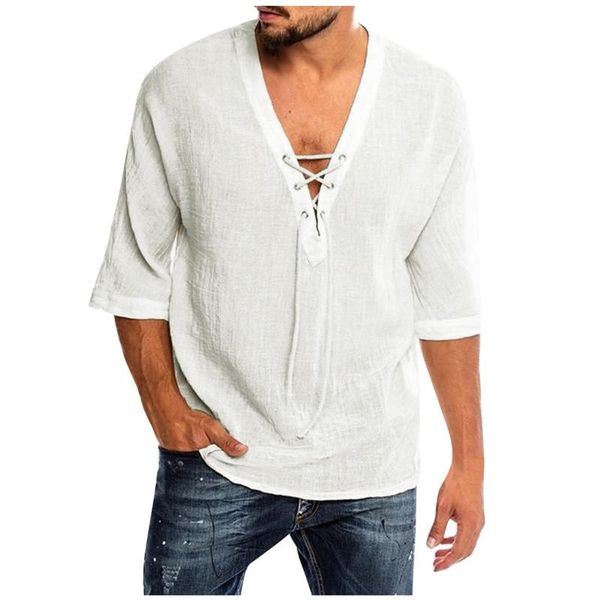 

men's casual shirts summer men hawaiian shirt cotton linen solid color half sleeve v-neck blouse 2021 streetwear camisa clothing, White;black