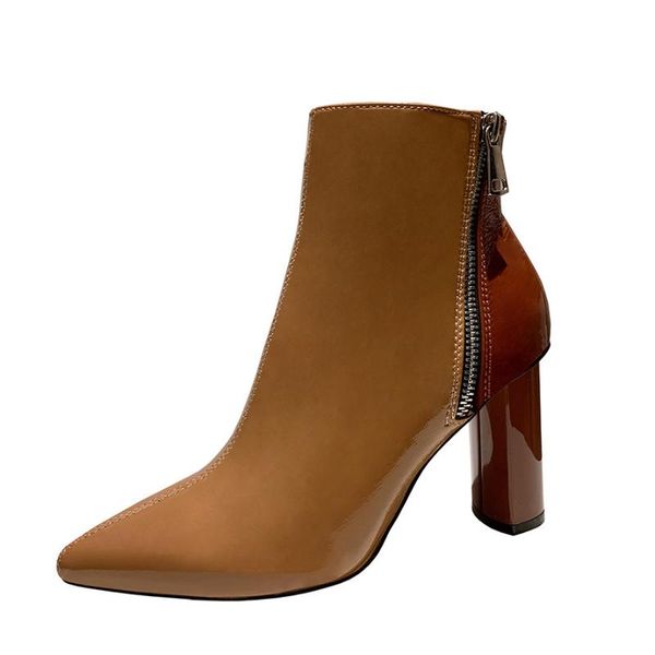 

boots fall winter vintage pointed head patent leather side zip all match warm ankle women 2021 block high heels shoes for office, Black