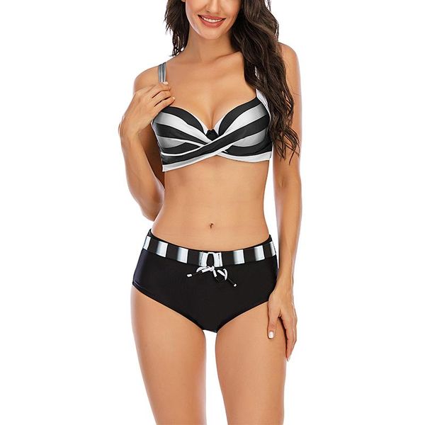 

women's swimwear ladies split swimsuit bikini boxer stripe contrast, White;black