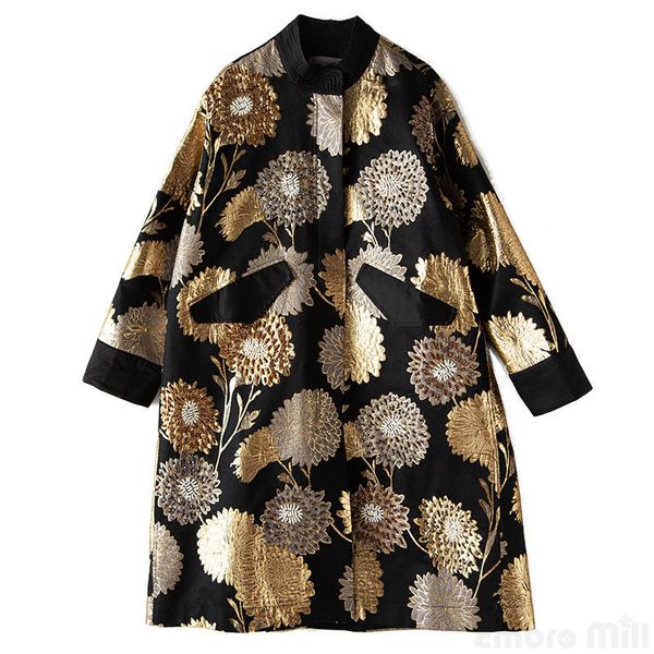 

women's wool & blends leather embro mill vintage royal spring autumn woman elegant lady loose black/blue floral beading trench coat fem