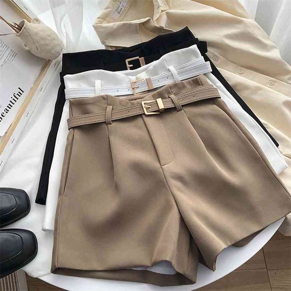 

summer lady chiffon casual solid color shorts with belt irregular women clothing high waist loose straight tube short 210430, White;black