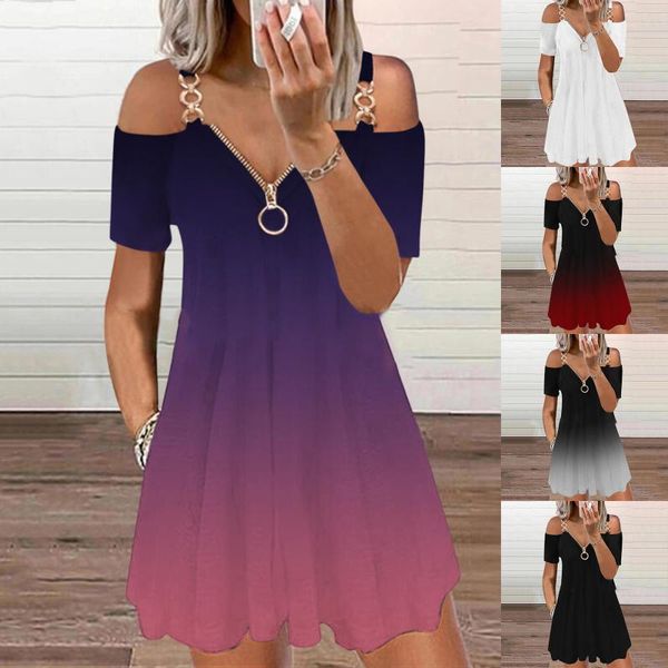 

casual dresses color dress linen solid sling off shoulder short sleeve zipper v-neck gradient high waist loose 2022 summer women, Black;gray