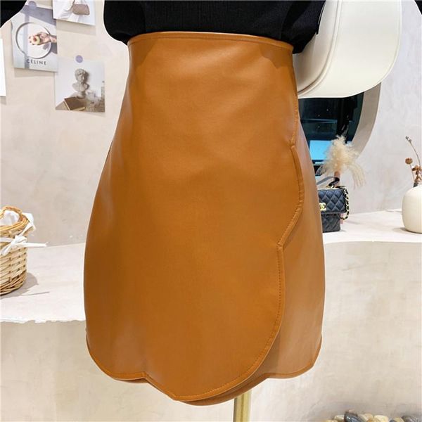 

skirts women's clothing 2021 autumn winter high waist hip wrap leather casual a-line pu short skirt, Black
