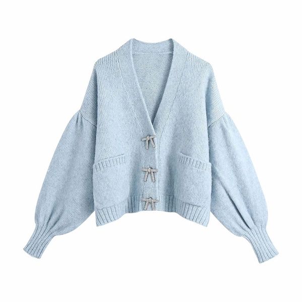 Maglione da donna dolce squisito con decorazione bowknot Cardigan monopetto con maniche a sbuffo femminile Top chic 210520