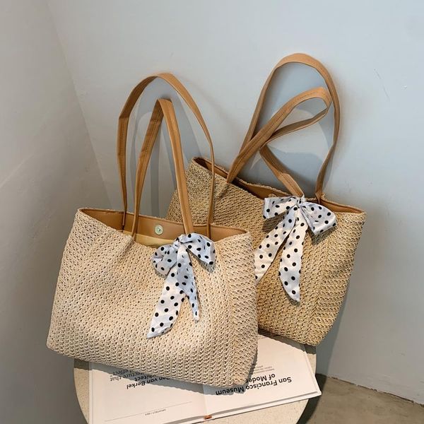 

evening bags simple fashion women straw shoulder underarm large capacity girls travel casual tote elegant female bowknot handle bag