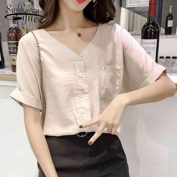 

women's and blouses short sleeve pocket women's shirt solid plus size summer elegant feminine blusas 0756 30 210521, White