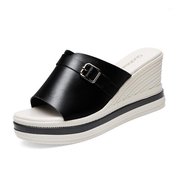 

slippers sandasl woman wedges heels platform women shoes slip-on sandals casual outdoors genuine leather slides 3-60031, Black