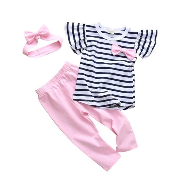 Conjuntos de roupas nascidos verão infantil bebê menina roupas mangas curtas Listrado Bow-Gravata Tops + Pink Calças + Bonito Headband ToDdler 3pcs ternos