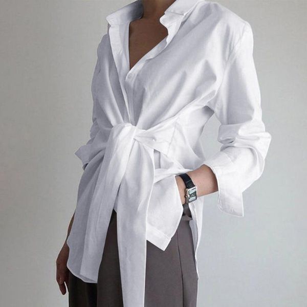 

ladies temperament solid color blouse, summer autumn girls personalized knotted shirt female lapel long sleeve clothing women's blouses, White