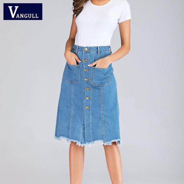 

skirts vangull 2021 summer fashion women denim casual pocket lady mid calf skirt high waist vintage female, Black