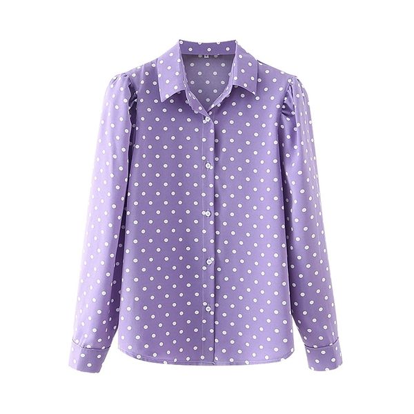 Mulheres elegantes bolinhas roxo camisas de moda senhoras manga sopro tops Doce feminino chique vire para baixo blusas de colar 210430