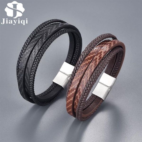 

charm bracelets geniune leather multilayer bracelet for men black brown punk stainless steel magnetic clasps wristband male jewelry, Golden;silver