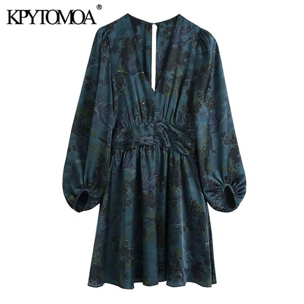 KPYTOMOA Kadınlar Şık Moda Ile Draped Bel Baskı Mini Elbise Vintage V Boyun Uzun Kollu Kadın Elbiseler Vestidos Mujer 210409