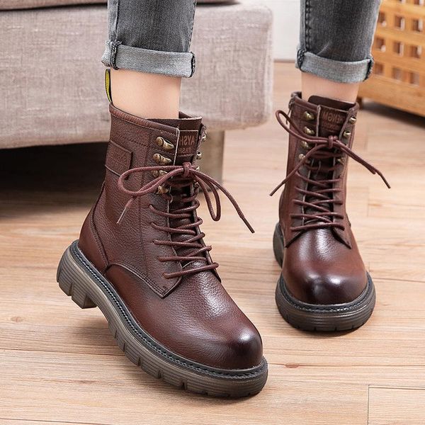 

boots 2021 autumn and winter british style retro leather tendon bottom lace-up rider side zipper high-short, Black