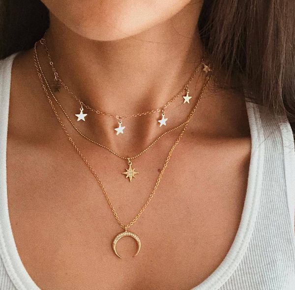 

five pointed star pendant, clavicular chain, simple and creative three-layer necklace with eight pointed star crescent, Silver