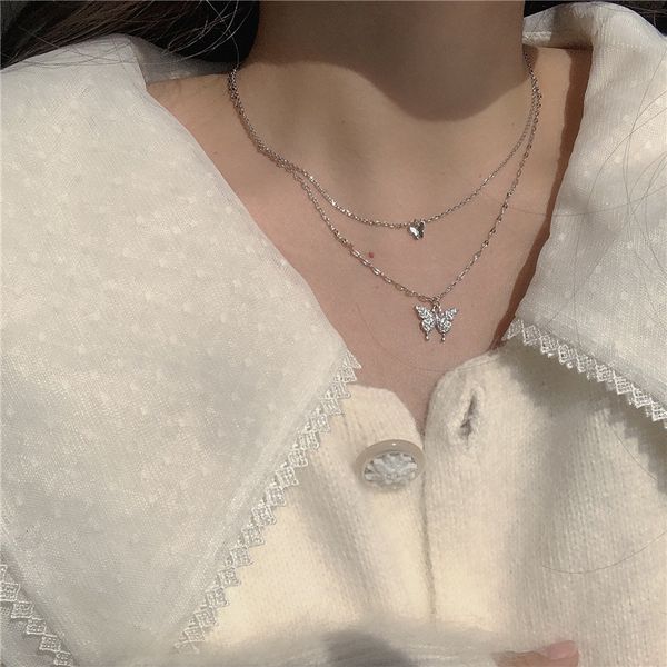 

designer necklace luxury chain south korea east gate fashion simple personality inlaid with diamond butterfly double neck net red temperamen, Silver