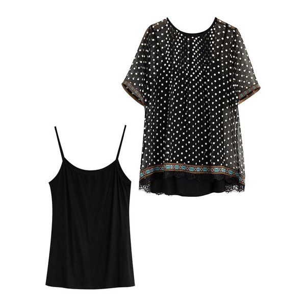 

women's blouses & shirts blouse shirt 2021 summer korean chiffon embroidery printing + cotton sling two piece 2-7552#], White