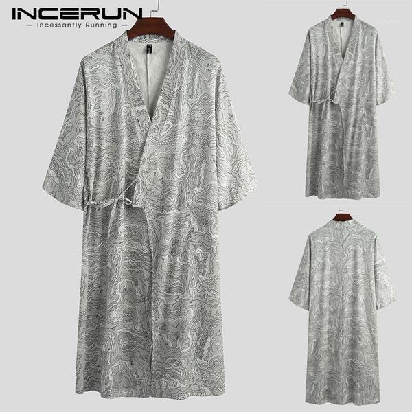 

men's sleepwear men vintage printed robes half sleeve v neck lace up nightgowns casual kimono nightclothes man soft homewear bathrobes, Black;brown