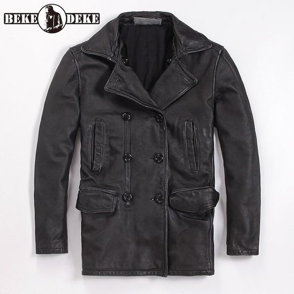 

men's leather & faux brand men vintage 100% cowhide real jacket street slim double breasted short coat work casual outerwear, Black