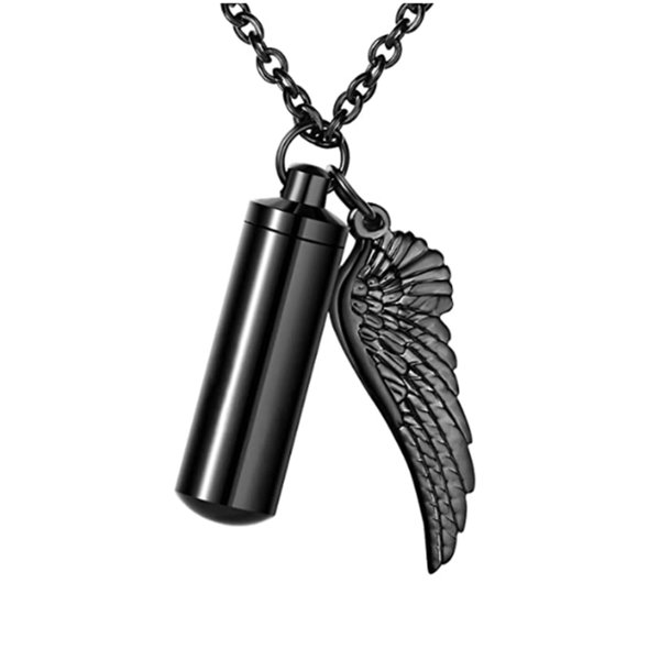 

chains 3 colors cylinder cremation urn necklace for ashes memorial keepsake pendant with angel wing stainless steel remembrance jewelry, Silver