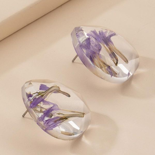 

fashion purple dried flower earrings for women original cute resin transparent water stud jewelry wholesale, Golden;silver