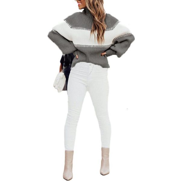 

turtle neck knitted women jumpers puff sleeve pullovers sweater autumn winter color block casual new, White;black