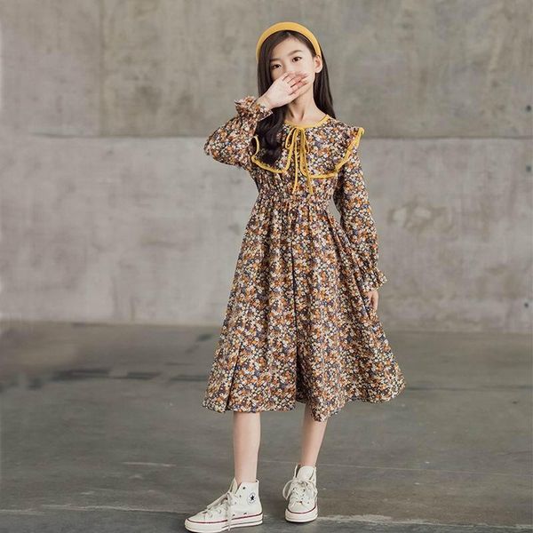 

girl's dresses 10 to 12 years girls floral print sweet casual dress 2021 autumn lace collar cotton for teenage girl, Red;yellow