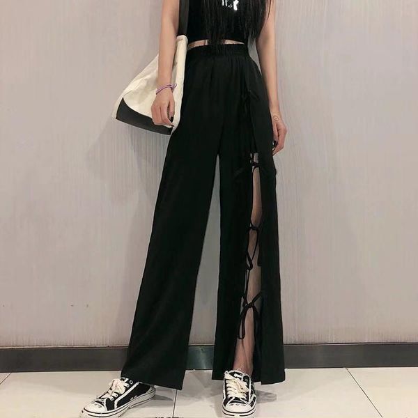 

women's pants & capris women loose long pant outwear fashion black high waist wide leg streetwear bowknot personality split strap haraj, Black;white